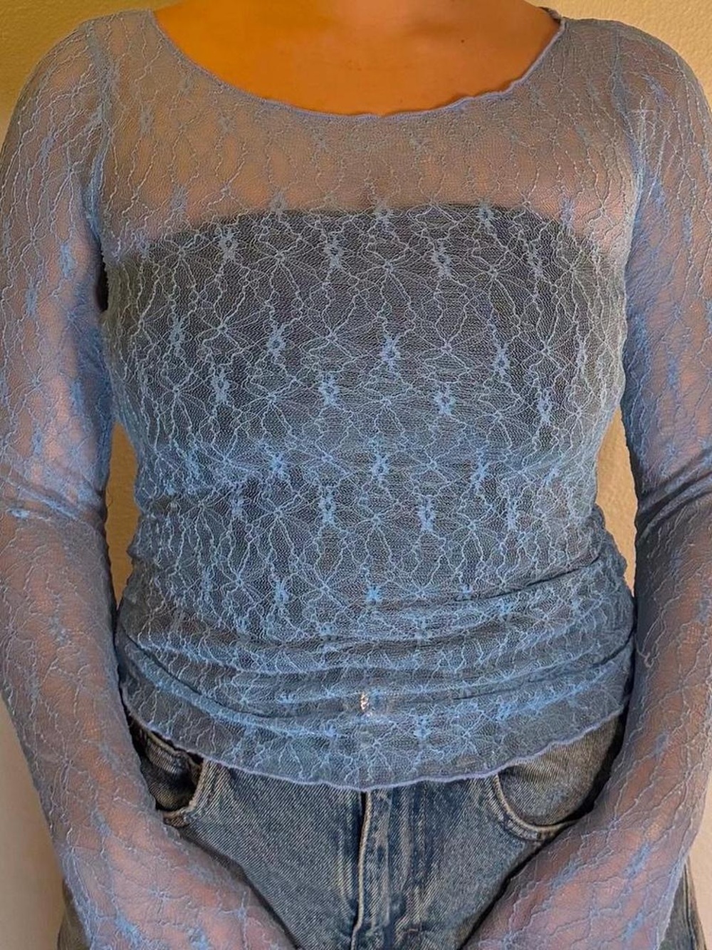 Urban Outfitters Light Blue Sheer Lace Long-Sleeve Top